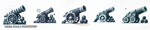 Old Pirate Cannon Vector Set – Classic Naval Artillery with Cannonballs Flat Illustration