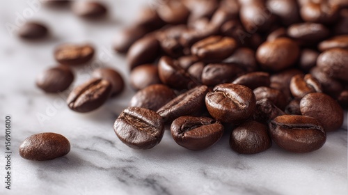 Premium coffee beans scattered on marble surface