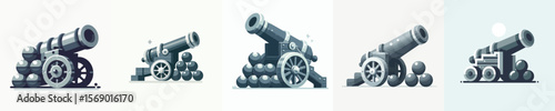 Pirate Cannon Collection – Vintage Naval Artillery and Cannonballs in Flat Vector Style