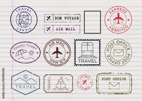 Set of blue travel-themed stamps featuring airplanes, ships, and travel icons.