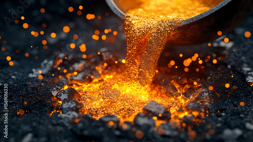 Molten gold pouring from crucible onto rough dark ground, emitting sparks