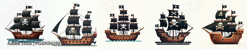 Black Pirate Ships with Skull Flags – Flat Vector Cartoon Set