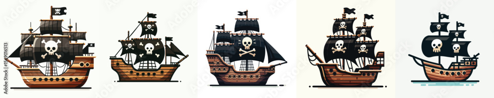 Fototapeta premium Pirate Ship with Black Sails and Skull Flags – Flat Vector Illustration