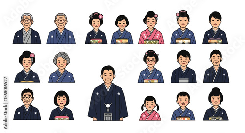 Japanese Family Portrait Set: Traditional Clothing & Generations