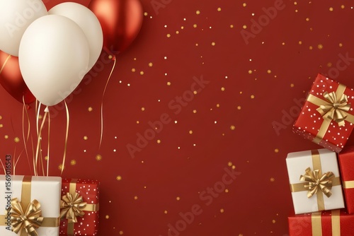 Holiday banner design with festive helium balloons, Christmas boxes and gold ribbons