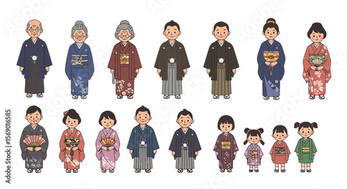 Japanese Family in Traditional Kimono, Isolated Vector Illustration