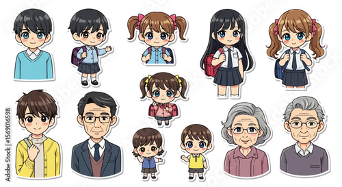Diverse Family Cartoon Characters: Generations and School Kids