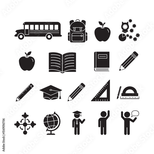 Black School Icons Set with Bus Backpack Apple Books Pencils and Figures vector