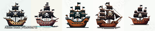Wooden Pirate Ships with Skull Sails – Flat Vector Collection