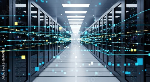 Futuristic data center server room with glowing network connections
