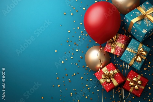 Holiday banner design with festive helium balloons, Christmas boxes and gold ribbons