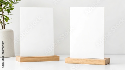 Wallpaper Mural Two blank white cards standing upright on wooden bases with a potted plant in a textured vase on the left Torontodigital.ca