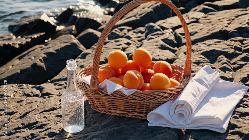 Fresh apricots are overflowing from a wicker basket on a rocky beach at sunset, accompanied by a refreshing bottle of water and a neatly folded white napkin, creating a serene picnic scene