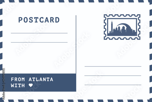 From Atlanta, USA postal card template. Vector postcard illustration with stamp, landmark, message. Simple flat greetings image layout