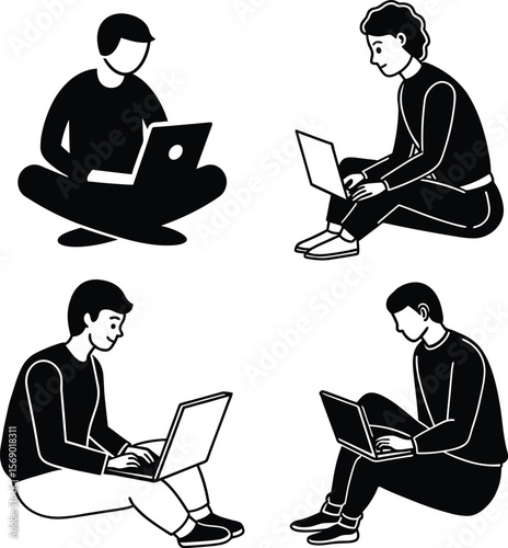 Vector Set of People Working on Laptops Sitting.