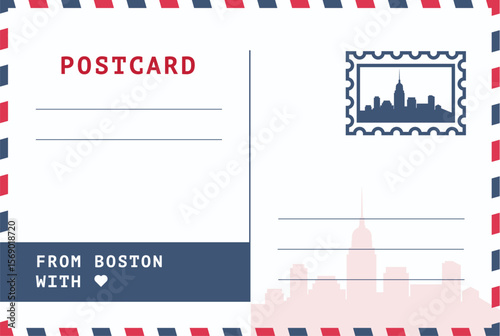 From Boston, USA postal card template. Vector postcard illustration with stamp, landmark, message. Simple flat greetings image layout