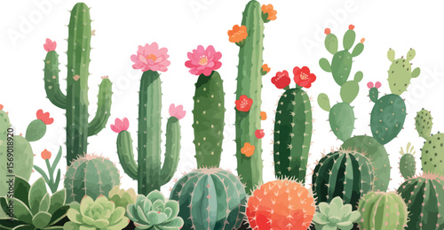 Watercolor Cacti and Succulents Illustration Varied Green Tones Flowers