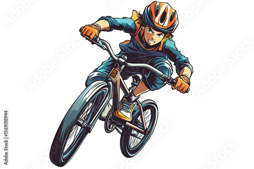 Dynamic illustration of a young cyclist performing tricks on a bike in an urban setting