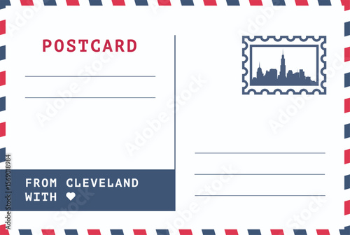 From Cleveland, USA postal card template. Vector postcard illustration with stamp, landmark, message. Simple flat greetings image layout
