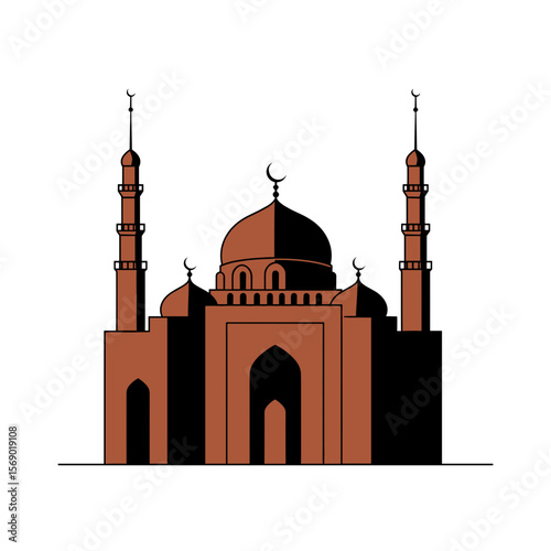 Islamic mosque with tall minarets and dome in minimalist style  