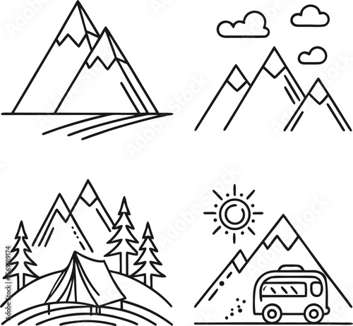 Minimalist mountain landscape icons with camping and travel themes line art