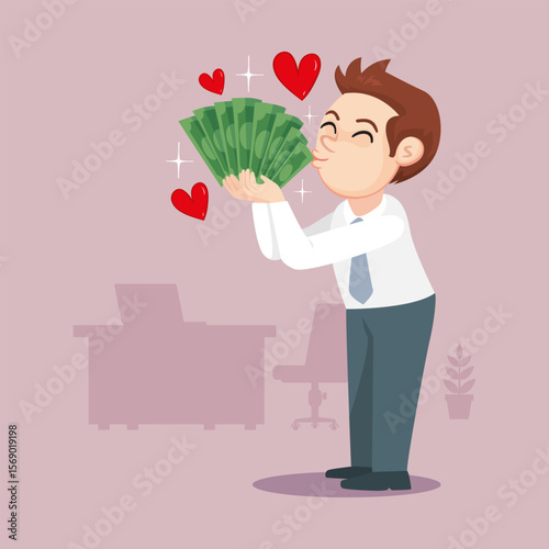 A happy man holds and kisses dollars. Illustration, Cartoon, Vector.