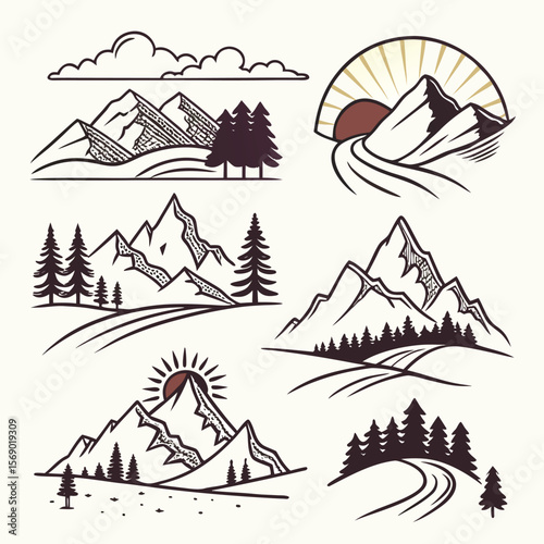 Hand drawn mountain landscapes with trees and sun nature pine trees