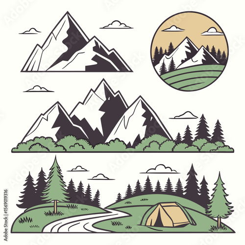 Flat style mountain landscapes with camping tent and trees nature