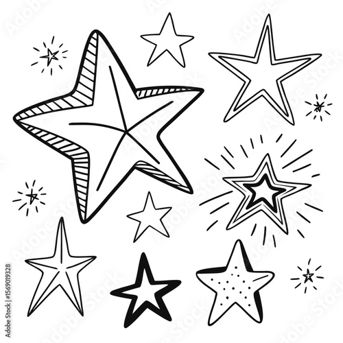 Hand drawn star icons with radiating lines and shading sketch doodle