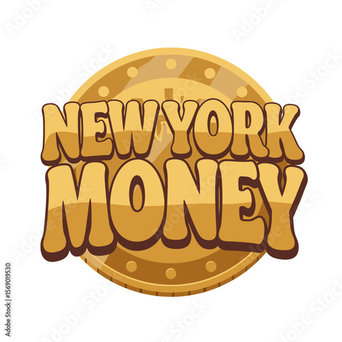 New York money symbol with bold text and golden coin design  