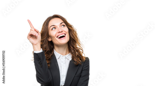Excited businesswoman pointing upwards, expressing a bright idea, isolated on white background.