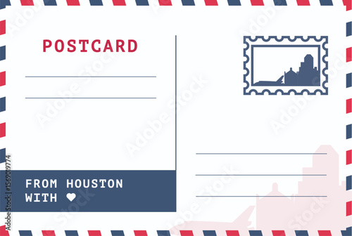 From Houston, USA postal card template. Vector postcard illustration with stamp, landmark, message. Simple flat greetings image layout