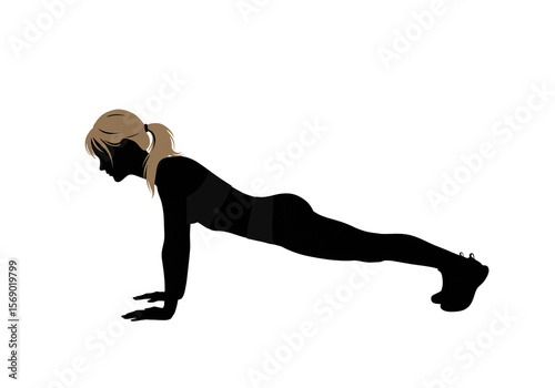 Silhouette of a woman in a plank position with blonde hair against a white background image