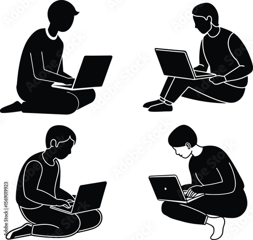 Vector Set of People Working on Laptops Sitting.