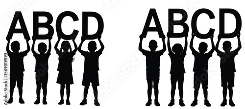 Silhouette of Children Holding Alphabet Letters A B C D – Vector Illustration for Education, School, and Learning Themes