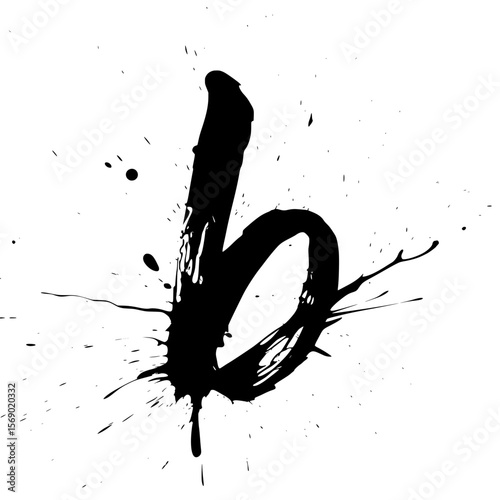 Lowercase letter b ink splatter calligraphy art, Creative lowercase letter "b" painted in bold black ink with dynamic splatter effects on white, perfect for modern design and typography uses.

