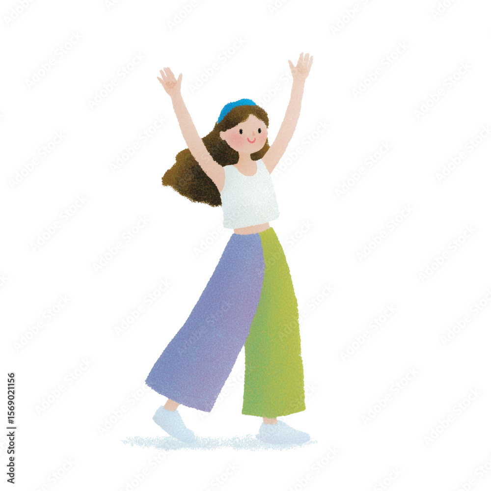 Naklejka premium Joyful Strides: An illustration of a cheerful young girl embodies pure happiness as she joyfully dances, expressing exuberance and carefree spirit.