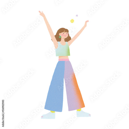 Playful and carefree joy: A vibrant cartoon girl stands with arms raised in a celebration of joy and youthfulness, with whimsical charm and pastel palette