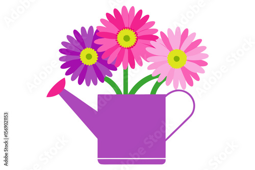 Vibrant Gerbera Daisies in a Purple Watering Can A Delightful Spring Illustration