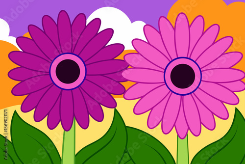 Vibrant Gerbera Daisies A Colorful Duo in a Sunset Garden