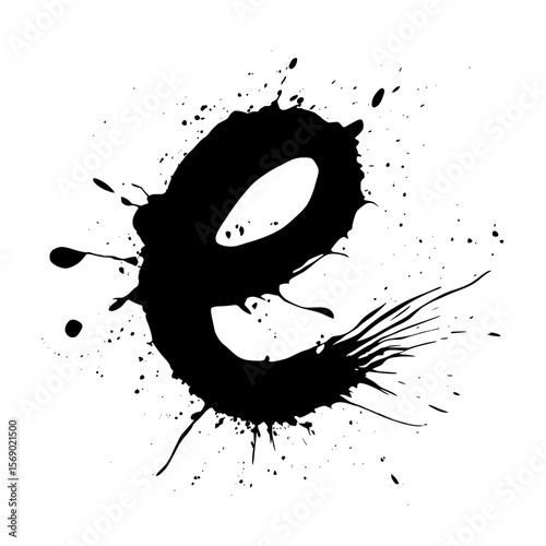 Lowercase letter e bold black ink splatter, Expressive lowercase letter "e" painted in bold black ink with dynamic splatter on white, perfect for creative design and modern typography art.

