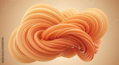 Abstract flowing organic form with smooth glossy orange and peach colored strands twisted together in a complex shape against a neutral background