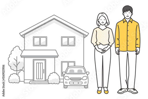 一軒家と車と若い夫婦のベクターイラスト素材