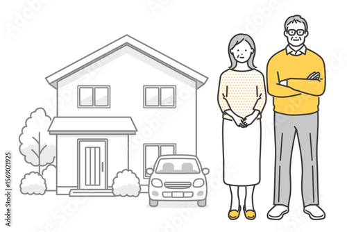 一軒家と車とシニア夫婦のベクターイラスト素材