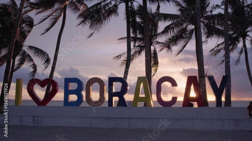 sign on tropical Bulabog Beach, Boracay island, Philippines