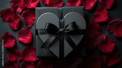 A heart shaped beautifully wrapped black gift box tied with a ribbon in a bow, placed on a dark wooden surface with scattered red rose petals around it 3d image.