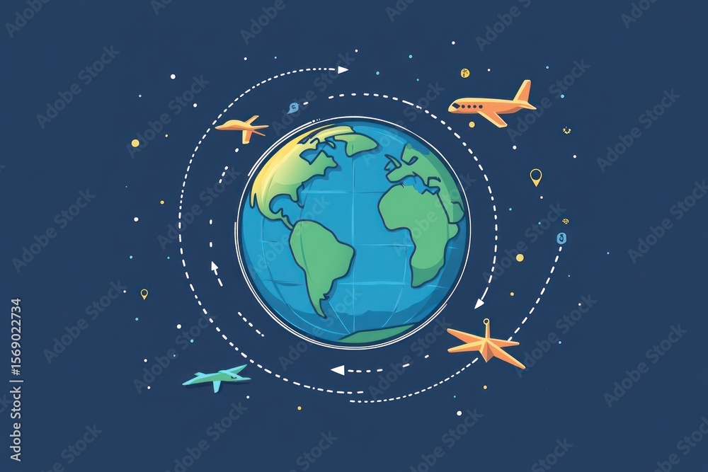 Naklejka premium Globe illustration with pins, navigation paths, and small airplanes, infographic flat style