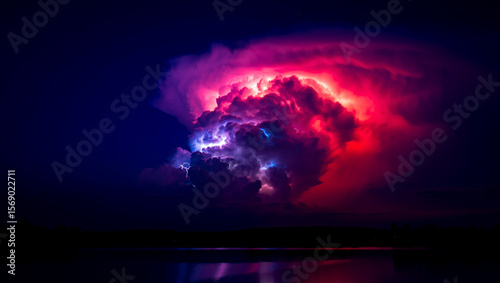 Lightning illuminates a dramatic storm cloud at night