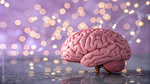 A brain model sits against a bokeh light background