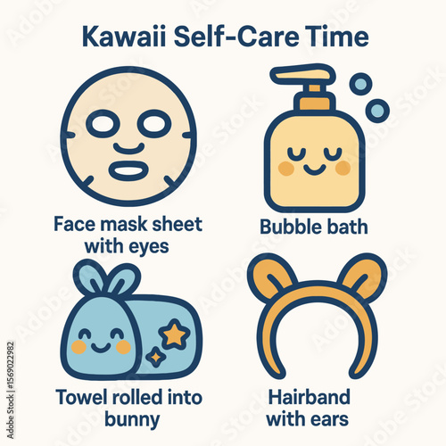 Kawaii self-care items including face mask, bubble bath, towel bunny, and headband.